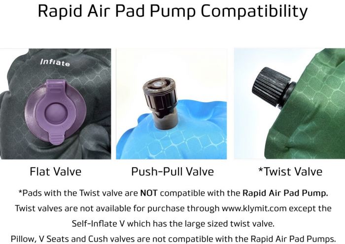 Push Pull Luftpumpe/sack Twist Valves 06RABLTWC Klymit Rapid Air Pump 